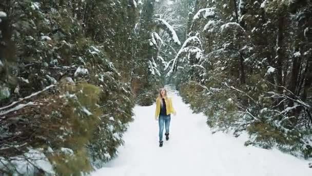 Meisje in gele jas wandelingen rond een winter bos bedekt met sneeuw — Stockvideo