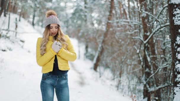 Mujer bonita en sombrero de invierno calienta sus manos de pie fuera en la nieve en el bosque — Vídeos de Stock