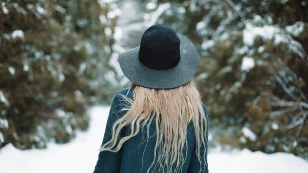 Miren por detrás a la señora con el sombrero verde y el abrigo que camina alrededor del bosque invernal. La chica mira y posa en la cámara — Vídeo de stock