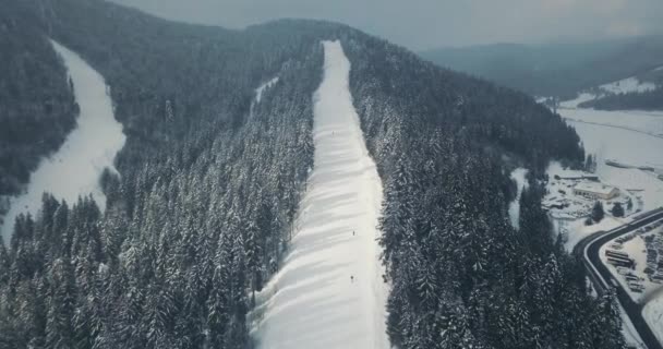 Repülés alatt téli-hegység a havazás. A sípályák a fa erdei fenyő körül. Üdülés a Ski Resort Bukovel, Kárpátok, Ukrajna. 4 k légi Drone megtekintése — Stock videók