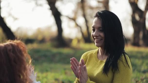 ママと娘の手を再生します。秋の公園で幸せな家族 — ストック動画