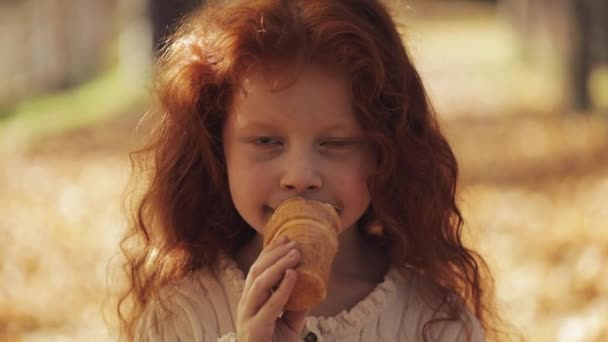 Malá roztomilá holčička jíst zmrzlinu v podzimní park — Stock video
