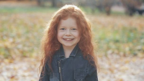 Retrato de menina ruiva bonito em um parque de outono. Movimento lento. Parque de Outono. Jovem menina está sorrindo para a câmera — Vídeo de Stock