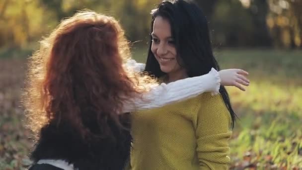 Linda niña abrazando a su madre en el parque de otoño. Concepto de familia feliz — Vídeos de Stock