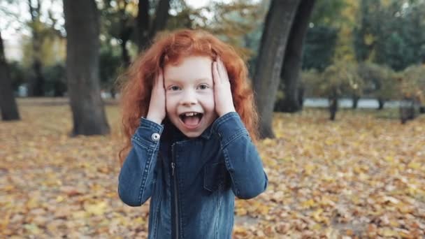 Close up retrato da menina ruiva bonito em pé no parque de outono. Engraçado bebê menina mostrando caretas e rindo — Vídeo de Stock