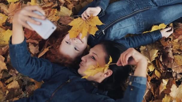 Une belle mère et sa jolie fille reposent sur une feuille jaune dans le parc d'automne et font un selfie sur smartphone. La famille heureuse s'amuse. Vue de dessus, ralenti — Video