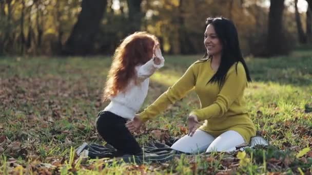 Nettes kleines Mädchen, das seine Mutter im Herbstpark umarmt. Glückliches Familienkonzept — Stockvideo
