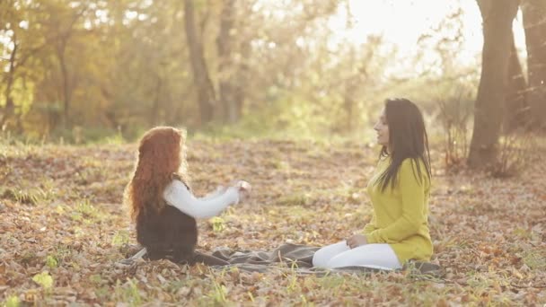 Mutlu bir anne ve birlikte oturan ve bir piknik üzerinde bir şehir parkı içinde elma ile oynarken şirin küçük kız. Sonbahar — Stok video