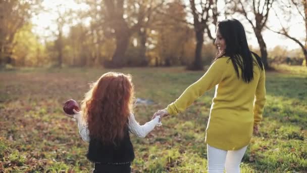 Glad ung mamma och hennes lilla rödhårig dotter gå tillsammans i en park på hösten. De skrattar och har roligt hålla händer. Slow motion — Stockvideo