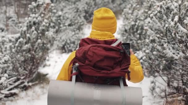 在山里旅行。身穿黄色冬装的年轻人走在被雪覆盖的智能手机上拍摄视频的树林里。旅行, 冒险, 攀岩。后视图 — 图库视频影像