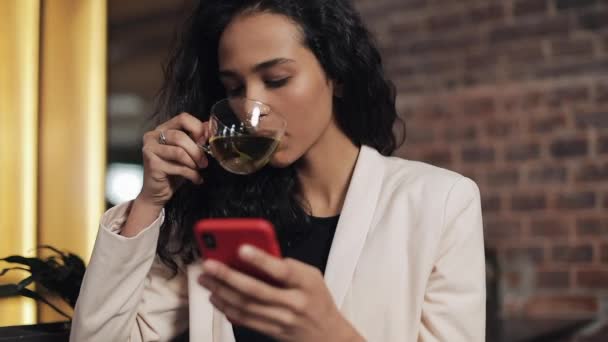 Jovem mulher de negócios bebe chá em um café e usa um telefone celular para redes sociais e e-mail. Jantar e navegação na web — Vídeo de Stock