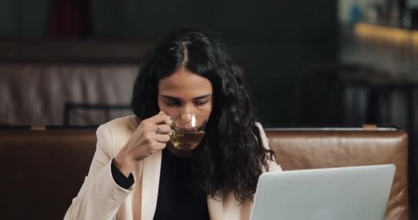 Επιχειρήσεων γυναίκα κάθεται με ένα laptop στο καφέ του και τρώει δείπνο με ένα φλιτζάνι τσάι στο τραπέζι. Τρώγοντας το μεσημεριανό σας στην επιφάνεια εργασίας — Αρχείο Βίντεο