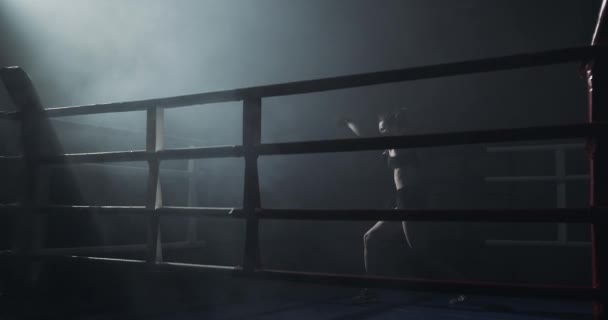 女性ボクサーの暗いリングのトレーニングします。スローモーション。シルエット。ボクシングのコンセプト — ストック動画