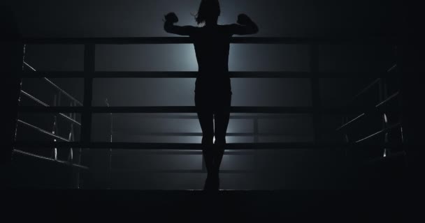Boxer féminin fatigué repose sur les topes de l'anneau. Silhouette. Concept de boxe — Video