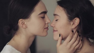 Mutlu lezbiyen çift kucaklayan her diğer ve Smiling at ev yüz için yüz içinde yavaş hareket