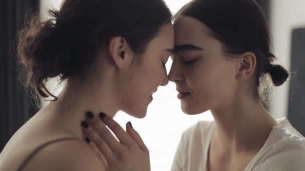 Glückliches lesbisches Paar, das sich umarmt und zu Hause in Zeitlupe von Angesicht zu Angesicht lächelt — Stockvideo