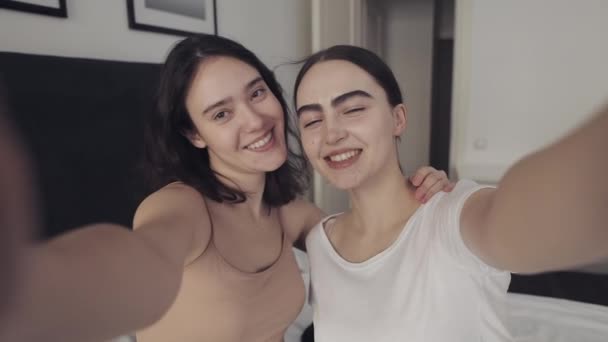 Ευτυχισμένο ζευγάρι λεσβίες παίρνοντας selfie φωτογραφία στο σπίτι. Άνθρωποι, ρομαντική σχέση. Αργή κίνηση. — Αρχείο Βίντεο