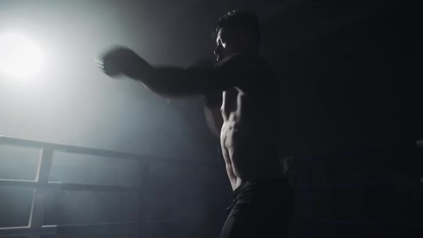 Entraînement de boxeur masculin dans l'anneau noir. Au ralenti. Silhouette. Concept de boxe . — Video