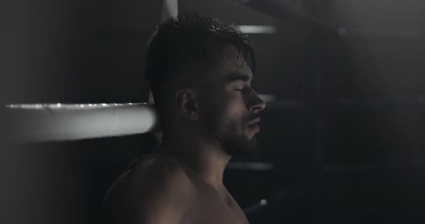 Boxeur masculin fatigué se reposant sur le ring de boxe après un entraînement dur. Silhouette. Concept de boxe . — Video