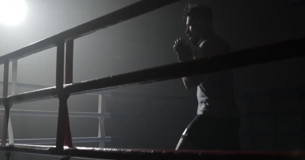 Male boxer training in the dark ring. Slow motion. Silhouette. Boxing concept. — Stock Video