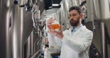Profesyonel erkek işçi cam şişede yeni yapılmış içeceğe karışıp bakıyor. Beyaz laboratuvar önlüklü adam bira kalitesiyle tatmin olurken çelik fıçılarda dikiliyor..