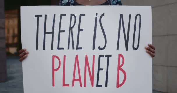 Widok na kobiece ręce trzymające sztandar z nie ma planety b piśmie. Afrykański amerykański aktywista wspierający ruch ekologiczny podczas pojedynczego protestu na ulicy miejskiej. Pojęcie ekosystemu. — Wideo stockowe