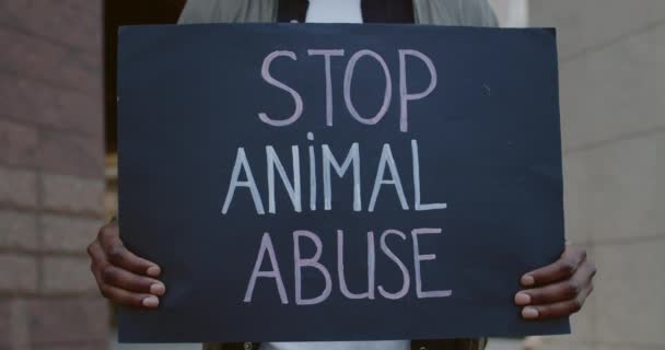 Вид на урожай африканского борца за права животных, стоящего на улице. Крупным плакатом мужчины, держащего картонный плакат с надписью "Остановить насилие над животными". Концепция социальной проблемы . — стоковое видео