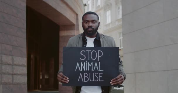 Un hombre guapo sosteniendo un cartel de cartón con un alto el abuso animal escrito en él. Retrato de activista por los derechos de los animales de pie en la calle y mirando a la cámara. Concepto de problema social . — Vídeo de stock