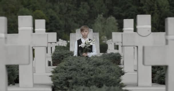 Retrato del chico adolescente mirando a la cámara mientras está de pie en la fila de cruces de piedra. Un niño sosteniendo una flor de lirio blanco en el cementerio. Concepto de día conmemorativo . — Vídeo de stock