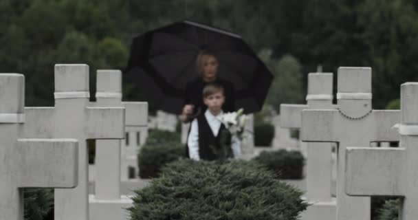 Женщина в тёмной одежде обнимает сына белым цветком лилии на кладбище. Мальчик смотрит в камеру, стоя с вдовой в ряд каменных крестов под зонтиком. Концепция Дня памяти. — стоковое видео