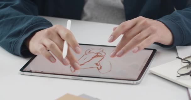 Närbild av händer som ritar digital bild och vidröra anteckningsblock skärm. Webbdesigner med hjälp av stylus samtidigt som du skapar illustration och sitter vid bordet. Begreppet kreativitet. — Stockvideo