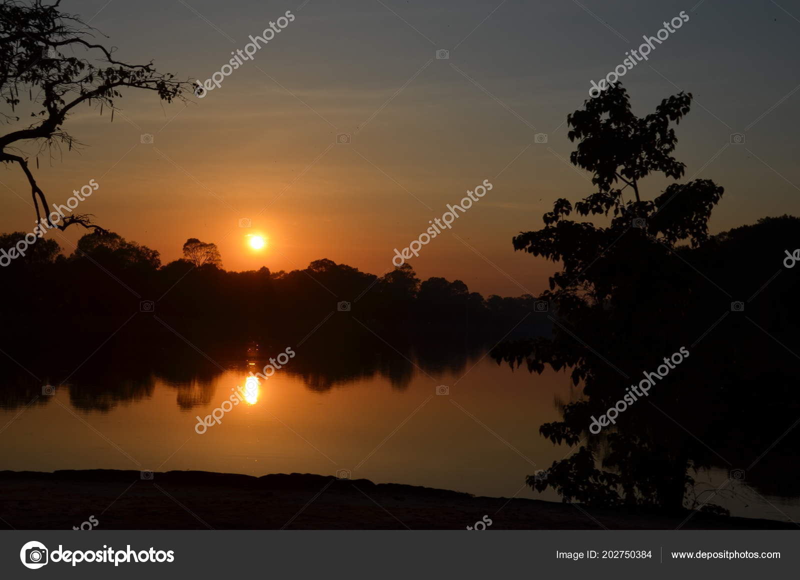 Coucher Soleil Cambodge Soir Banque Fleuve Photographie