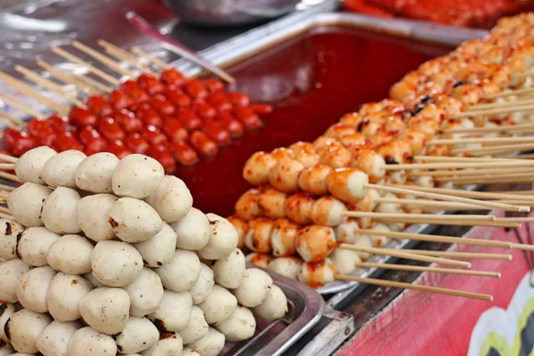 Grilled meatball and sausages at street food — Stock Photo, Image