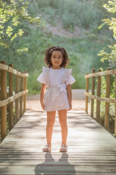 Menina Topo Tanque Listrado Uma Ponte Madeira Arvoredo — Fotografia de Stock