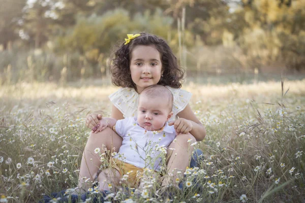 Papatya tarlasında oturan bir kız kucağında bir bebek oturuyor. Kardeş sevgisi..