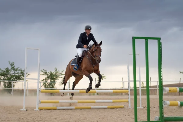 Jockey Chevauchant Cheval Sautant Obstacle Sur Piste Sport Saut — Photo