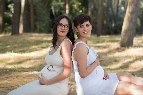 Dvě Těhotné Ženy Terénu Mateřství — Stock fotografie