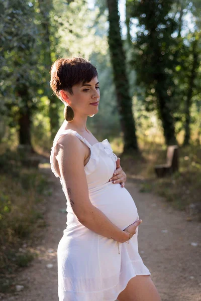 Jonge Zwangere Vrouw Zitten Een Bank Het Veld — Stockfoto