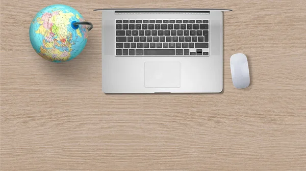 Pracujesz Przestrzeni Góry Laptop Myszy Globe Stół Drewniany Office — Zdjęcie stockowe