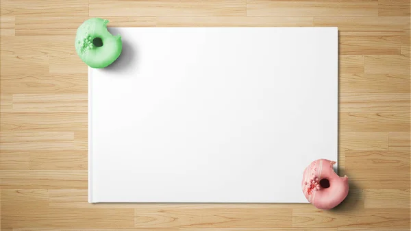 Donuts Vitt Papper Trä Bakgrund — Stockfoto