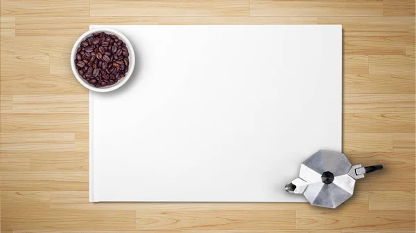 Kase ahşap arka plan üzerinde beyaz kağıt üzerinde kahve makinesi kahve çekirdekleri