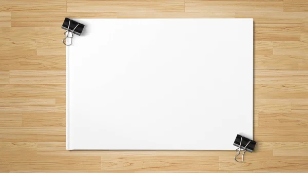 Schwarze Büroklammer Isoliert Auf Weißem Papier Auf Hölzernem Hintergrund — Stockfoto