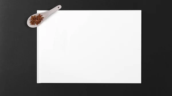 Yıldız anason tahta kaşıklar koyu arka plan üzerinde beyaz kağıda izole içinde