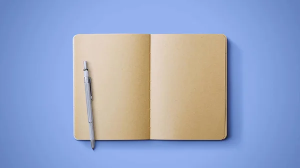 Old Notebook Pen Blue Background — Stock Photo, Image