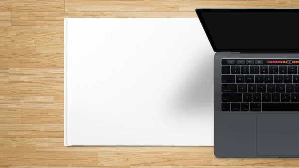 ワーク テーブル ホワイト空白の画面を持つノート パソコン背景 平面図イメージ — ストック写真