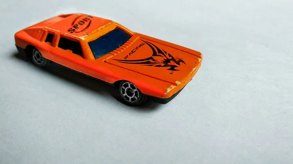 Selective Focused Car Toy Closeup Orange Toy Car Children White — Stock Photo, Image