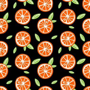meyve portakal bir siyah arka plan deseni sorunsuz vektör yeşil yaprakları ile.