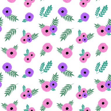 yeşil yaprakları vintage model sorunsuz vektör basit pembe ve mor gül çiçek.