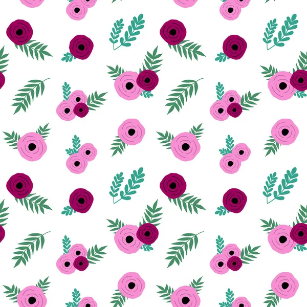 Flores Rosadas Simples Con Hojas Verdes Patrón Vintage Vector Sin — Archivo Imágenes Vectoriales