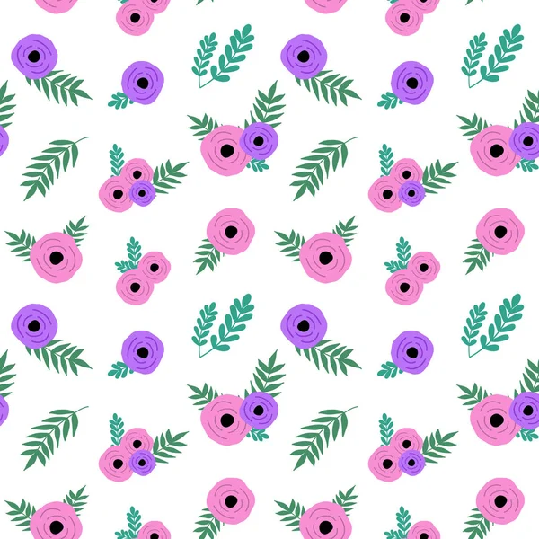 Simples Flores Rosa Rosa Púrpura Con Hojas Verdes Patrón Vintage — Vector de stock